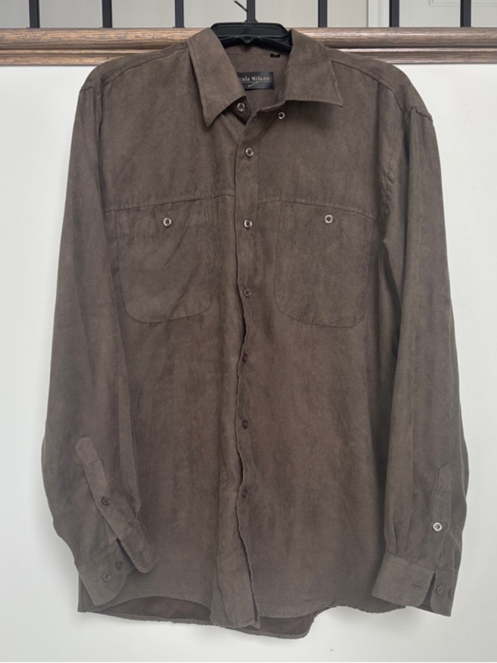 Scale Milano, Men's Brown Suede Button-Down Shirt, Size L
